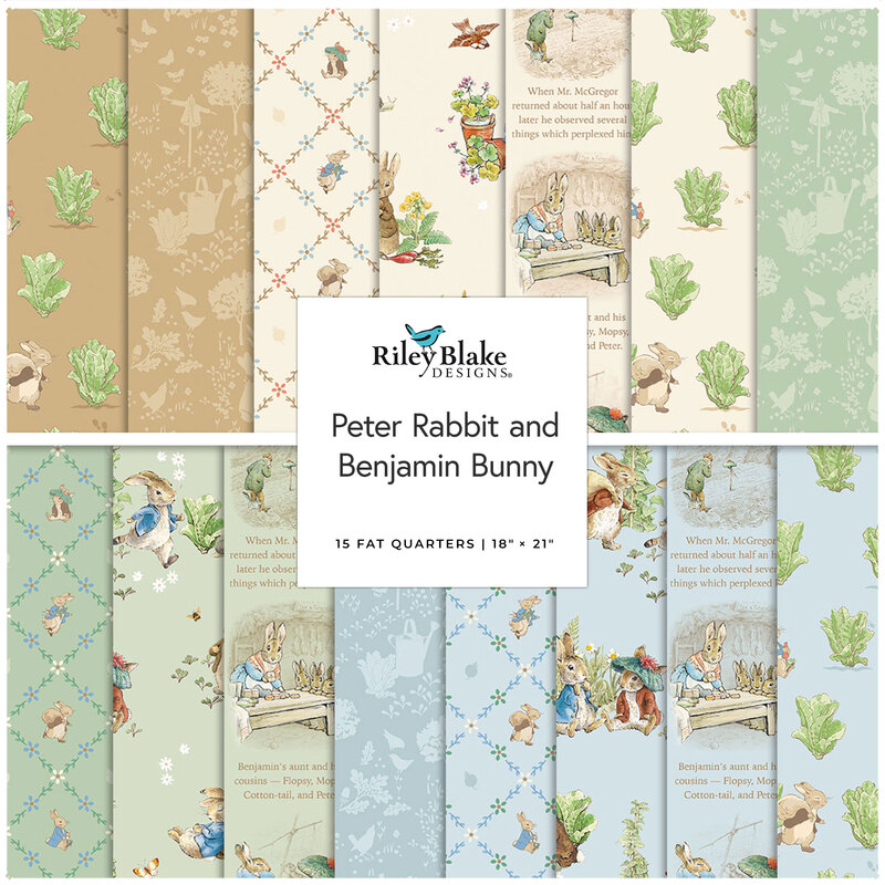 Collage of fabric swatches in the Peter Rabbit and Benjamin Bunny collection featuring storybook woodland adventures.