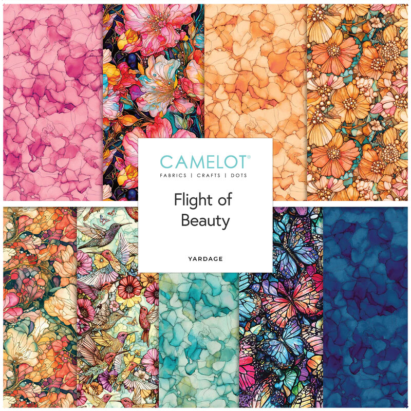 A stacked collage of vibrant fabrics with an Flight of Beauty by Camelot Designs tag in the center.
