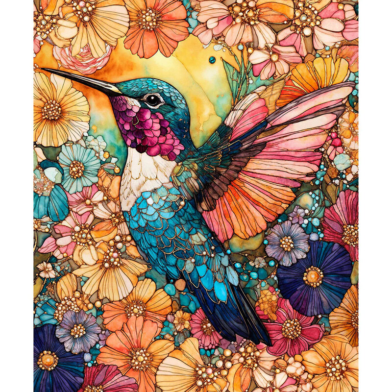 A fabric panel featuring a humming bird and colorful flowers