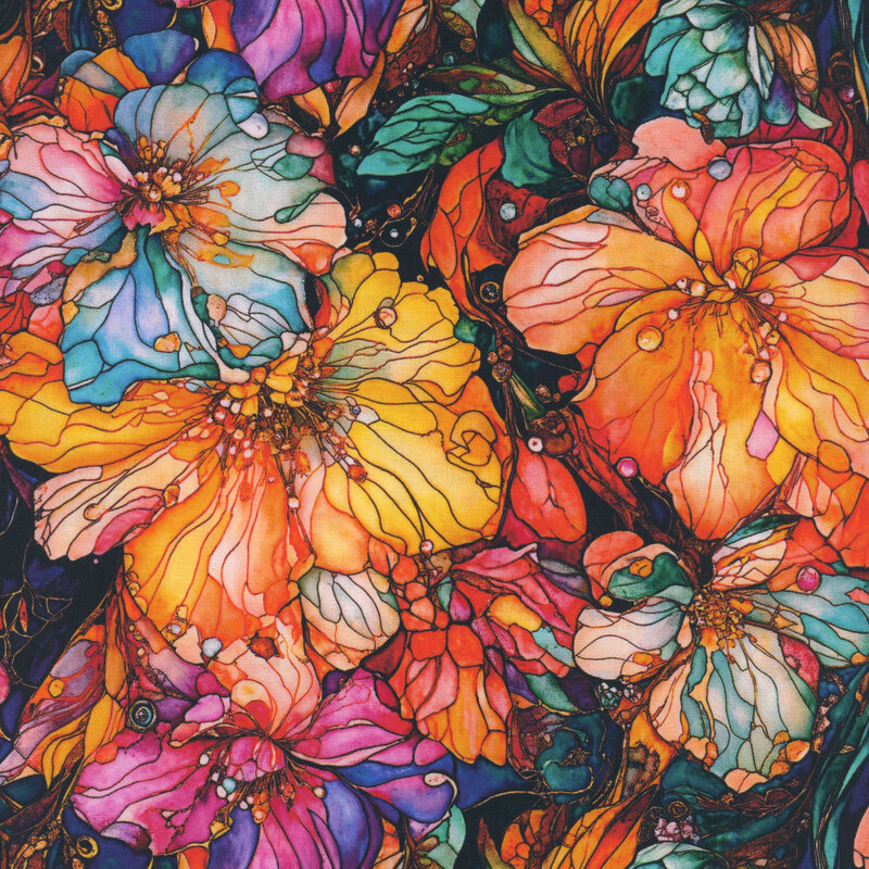 A vibrant pink and peach flower fabric with cool toned accents.  