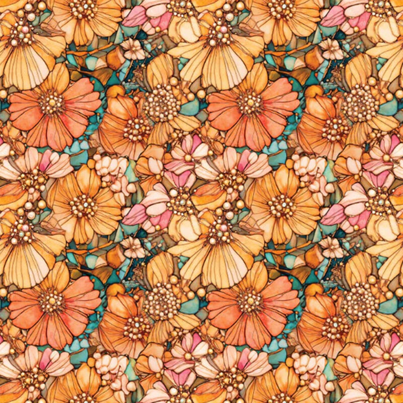 A fabric featuring peach flowers scattered with blue accents.