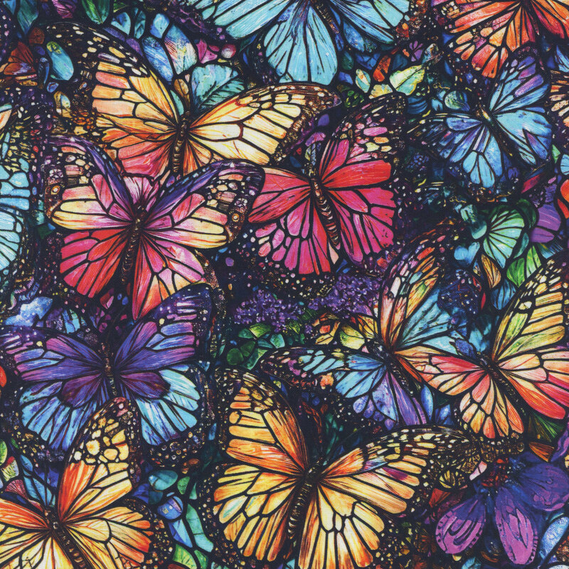 A fabric featuring jewel tone butterflies packed together. 
