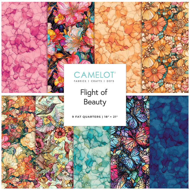A stacked collage of vibrant fabrics with an Flight of Beauty by Camelot Designs tag in the center.
