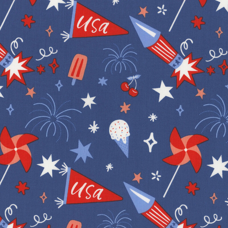 A blue background featuring various festive elements: stars, fireworks, pinwheels, and USA banners.