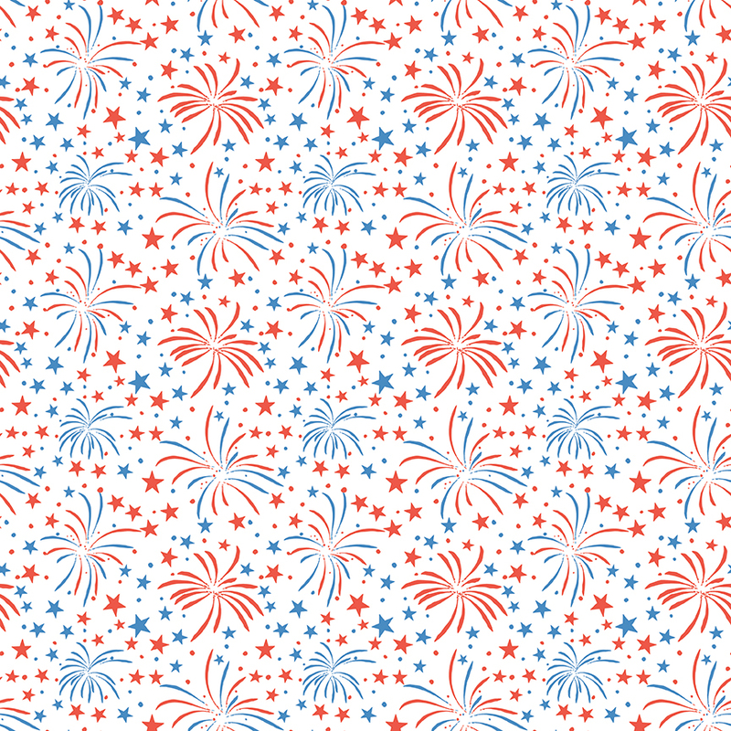 Red and blue fireworks and stars on a white background, creating a festive pattern.