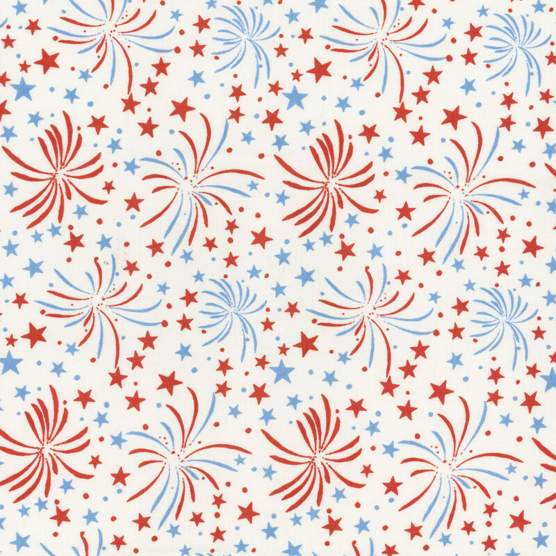 Red and blue fireworks and stars on a white background, creating a festive pattern.