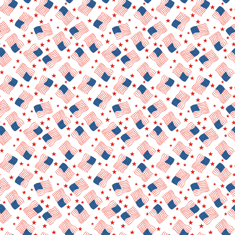 Pattern of American flags and red stars on a white background.