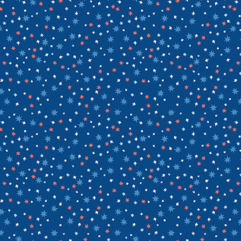 A blue background scattered with various red, white, and light blue stars of different sizes.