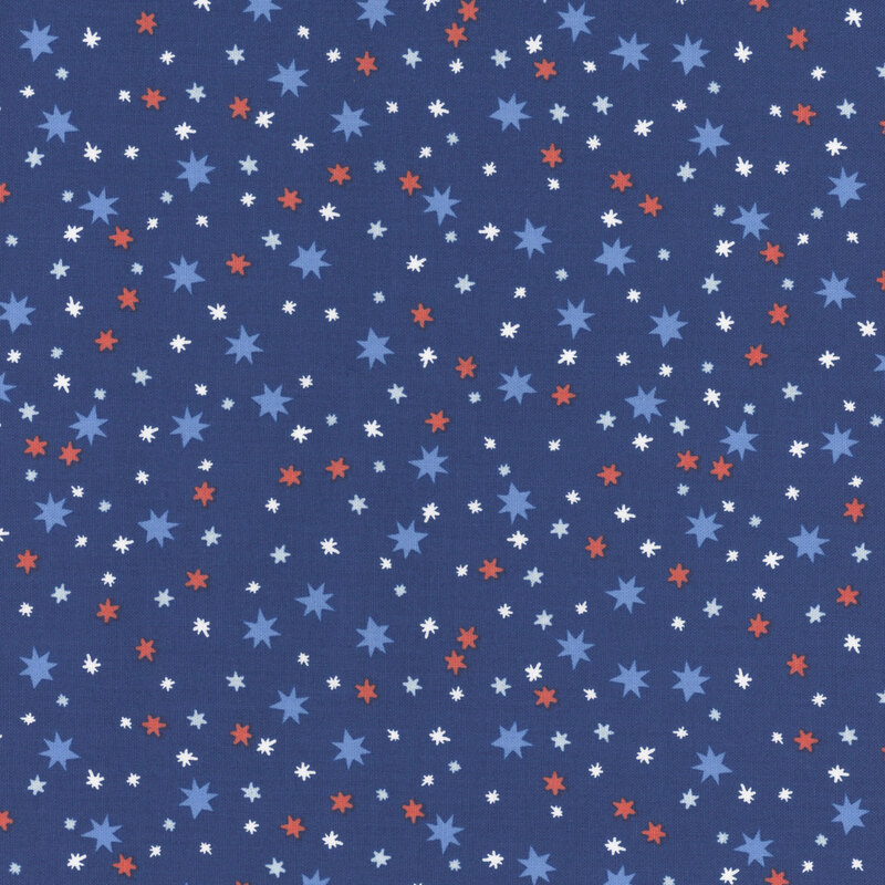 A blue background scattered with various red, white, and light blue stars of different sizes.