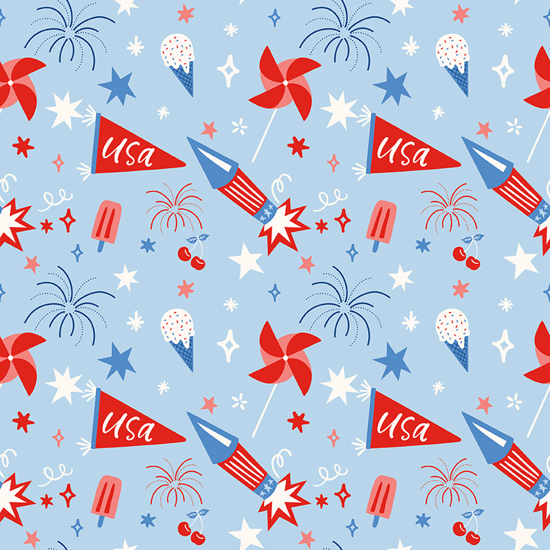 A festive pattern featuring red, white, and blue elements like fireworks, stars, and pinwheels.