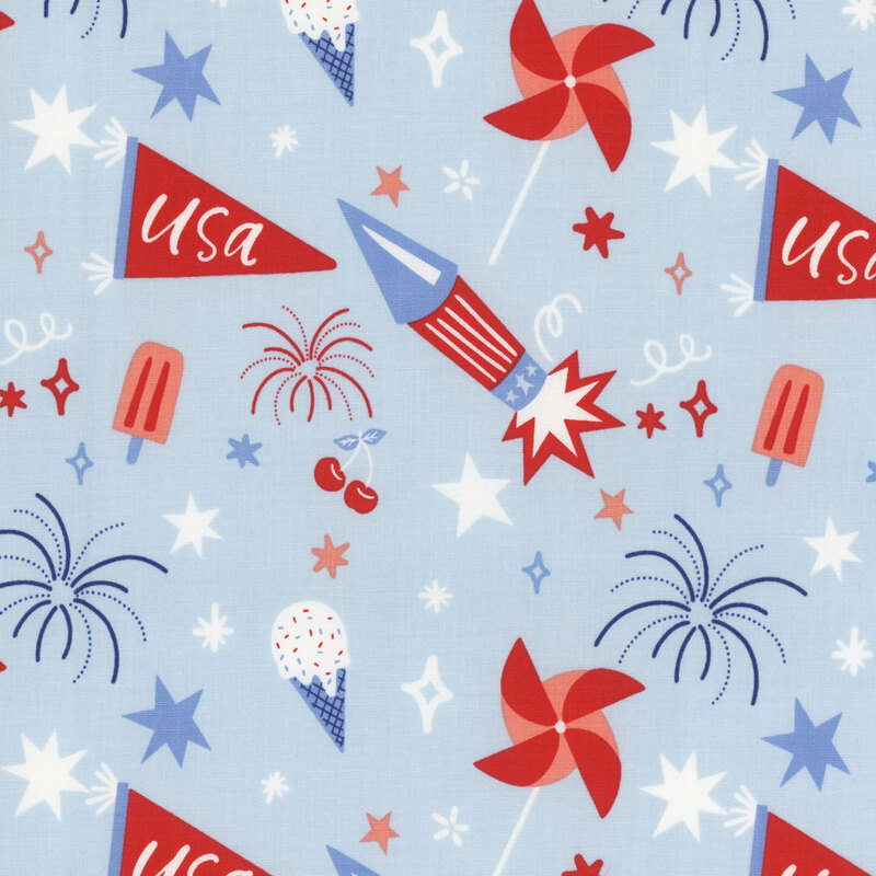 A festive pattern featuring red, white, and blue elements like fireworks, stars, and pinwheels.
