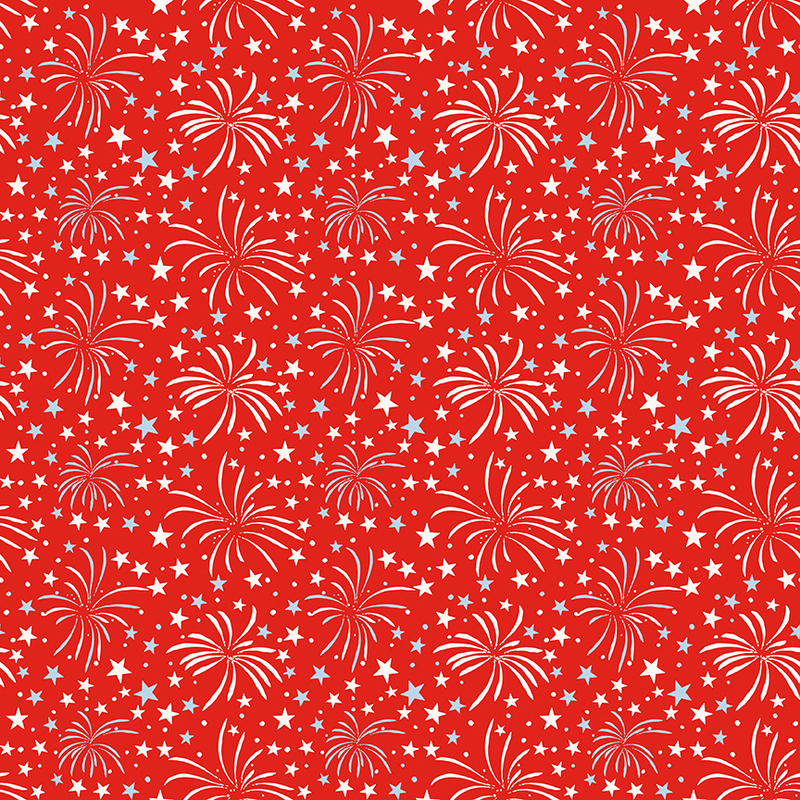 Red background with white firework and star patterns, creating a festive, celebratory design.