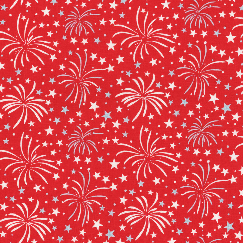 Red background with white firework and star patterns, creating a festive, celebratory design.