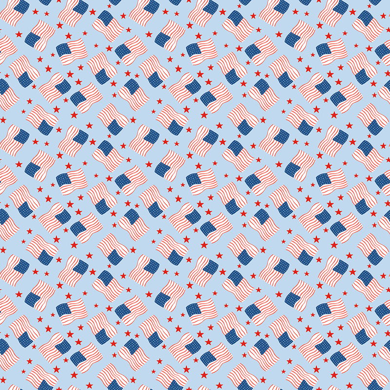 Pattern of American flags and red stars on a light blue background.