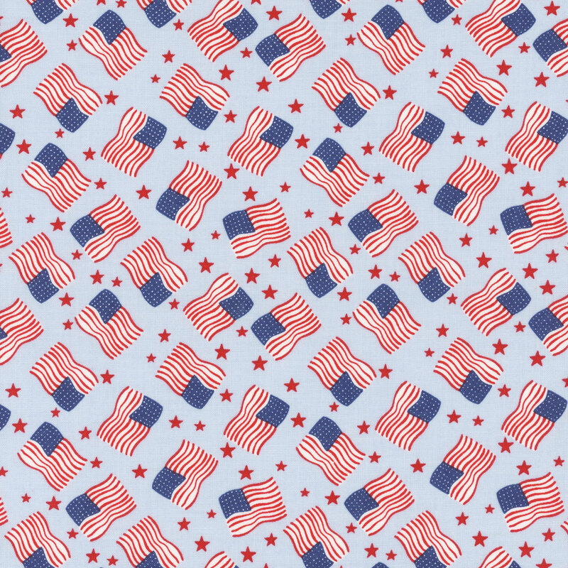 Pattern of American flags and red stars on a light blue background.