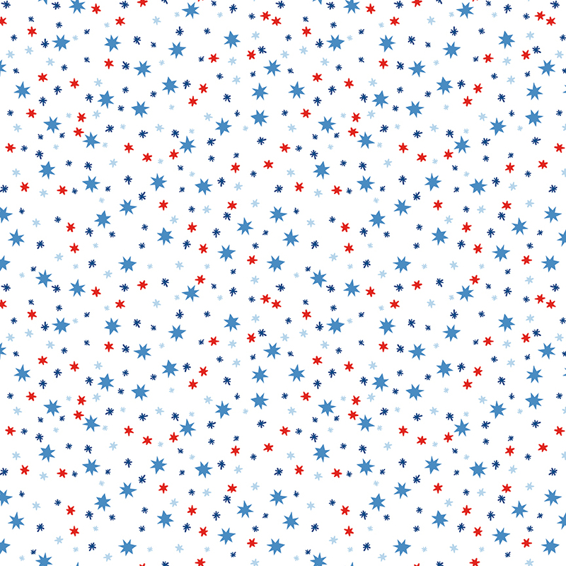 Pattern of small red and blue star shapes on a white background.