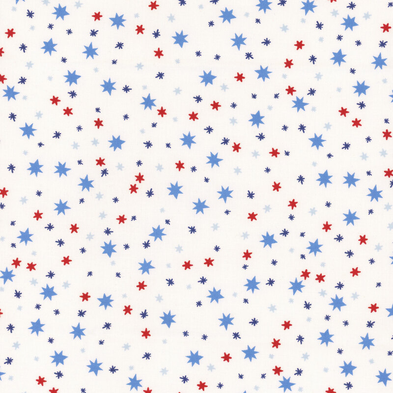 Pattern of small red and blue star shapes on a white background.