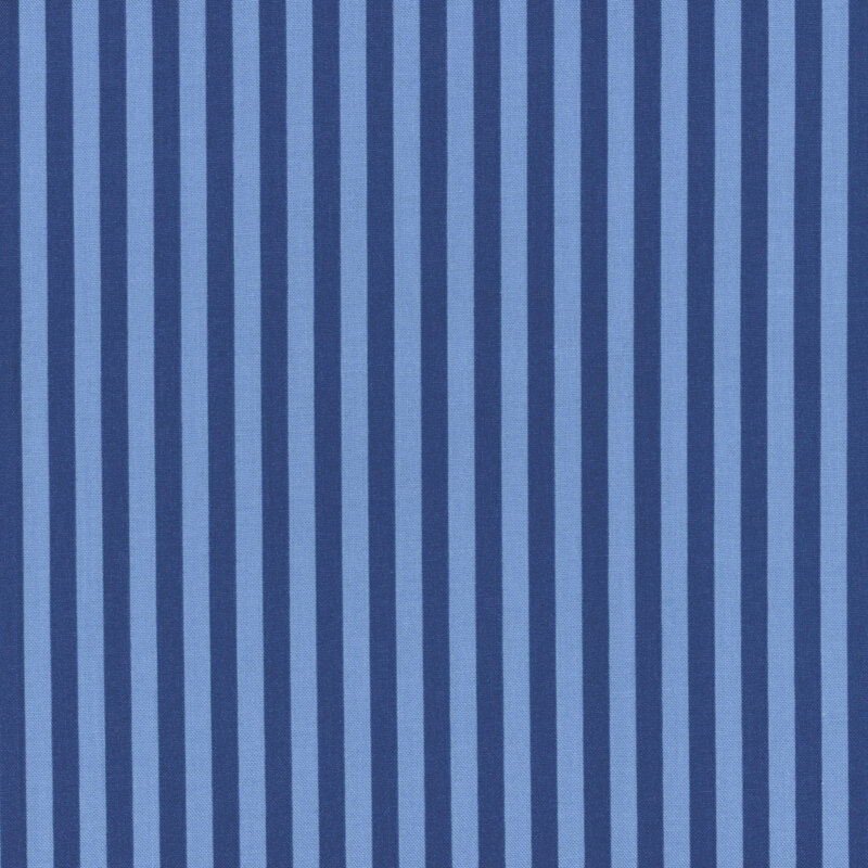 Vertical stripes in varying shades of blue create a textured background.