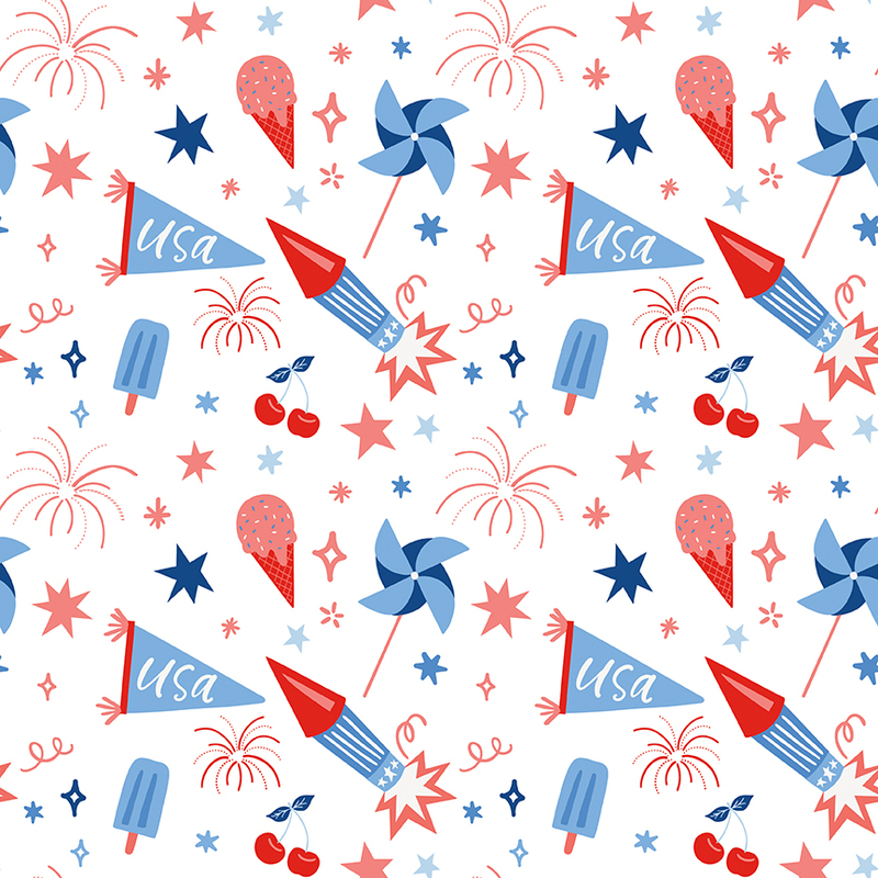 Colorful pattern featuring rockets, stars, cherries, ice cream, and pinwheels in red, white, and blue.
