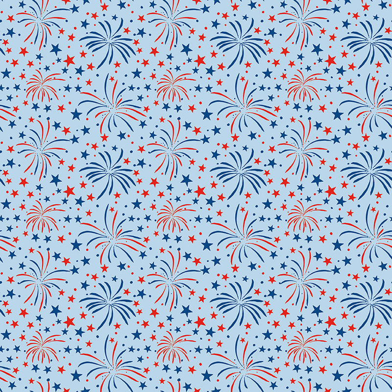 Pattern of red, blue, and white fireworks and stars on a light blue background.