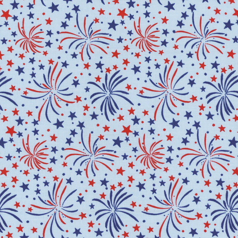 Pattern of red, blue, and white fireworks and stars on a light blue background.