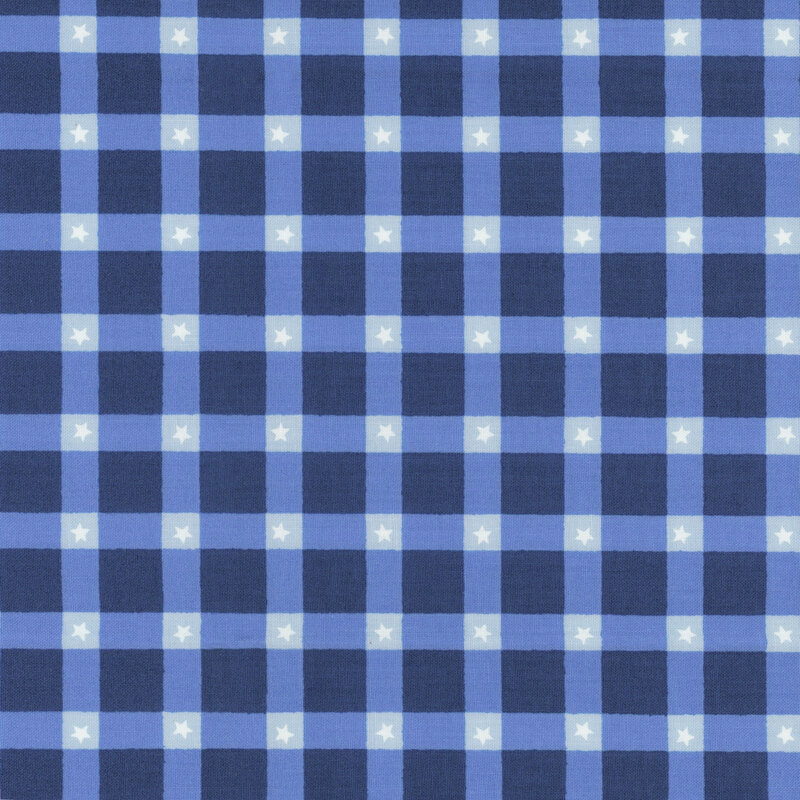 Blue plaid pattern featuring alternating dark and light blue squares with white accents.