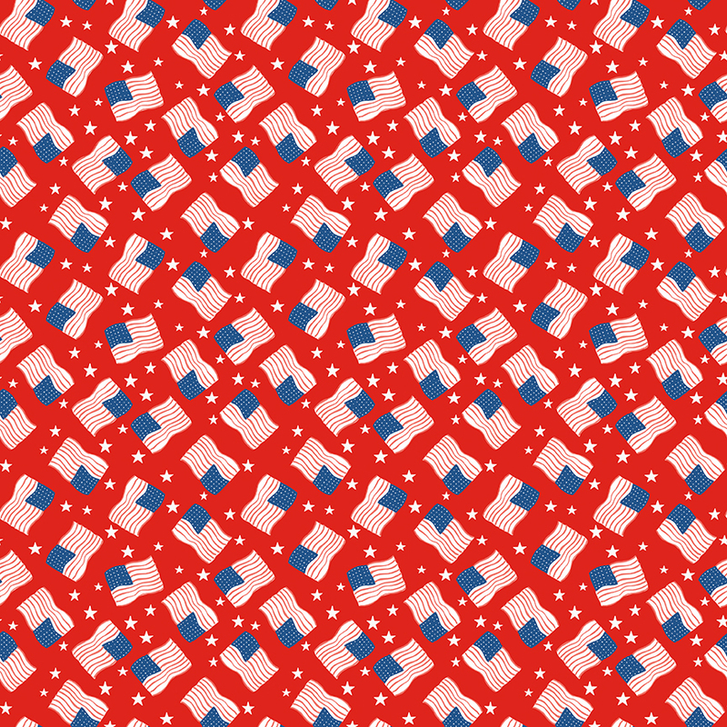 A repeating pattern of American flags and stars on a red background.