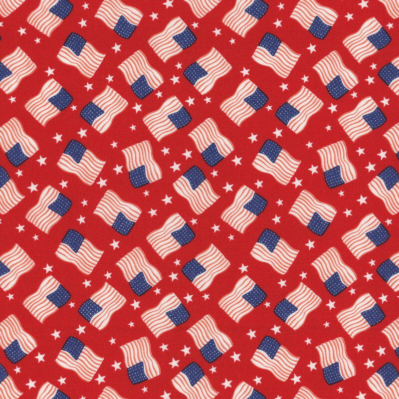 A repeating pattern of American flags and stars on a red background.