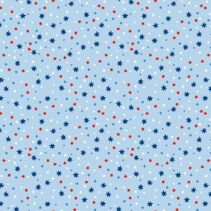 Light blue background with a scattered pattern of red, blue, and white stars.
