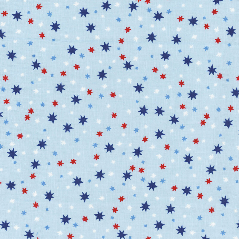 Light blue background with a scattered pattern of red, blue, and white stars.