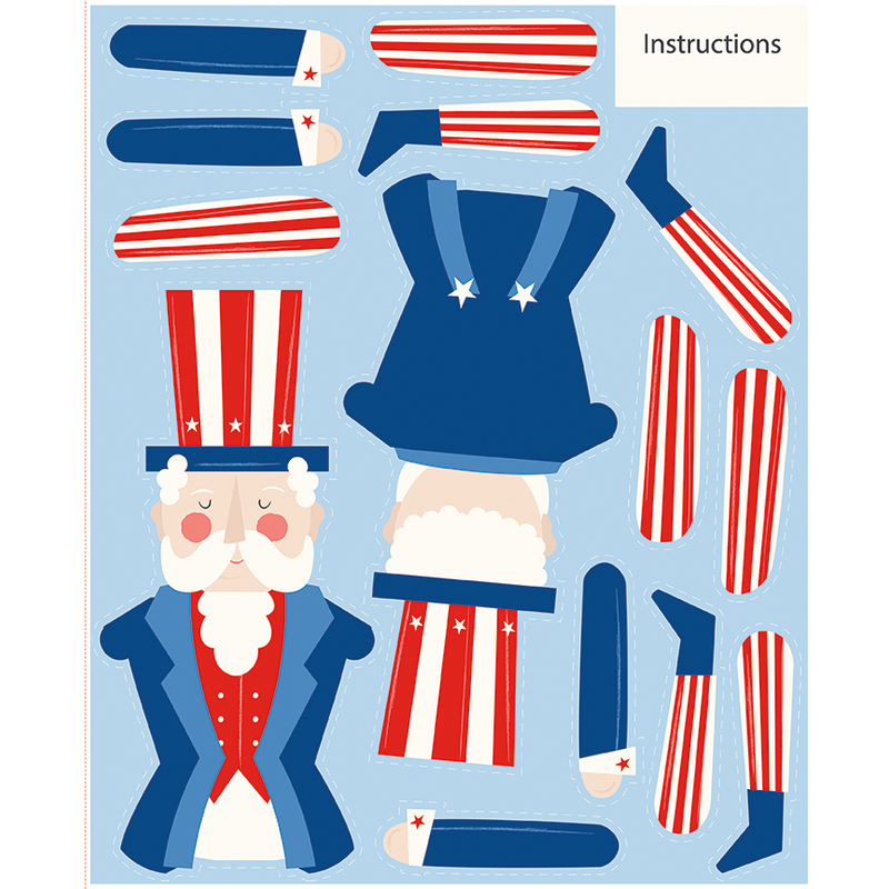 Image of cutout pieces for a character resembling Uncle Sam, including arms, top hat, and torso.
