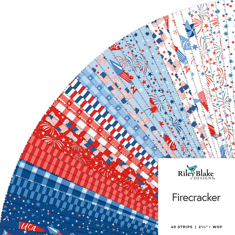 Colorful fabric strips in red, white, and blue patterns, labeled Firecracker by Riley Blake Designs.