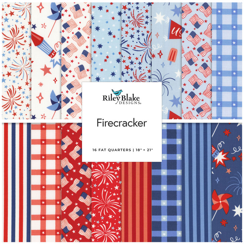 Collection of patterned fabric swatches in red, white, and blue, labeled Firecracker by Riley Blake Designs.