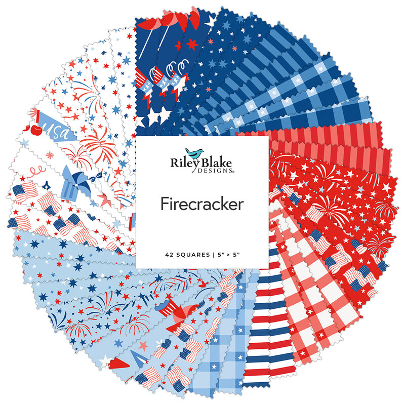 A circular arrangement of 42 fabric squares in red, white, and blue patterns labeled Firecracker by Riley Blake Designs.