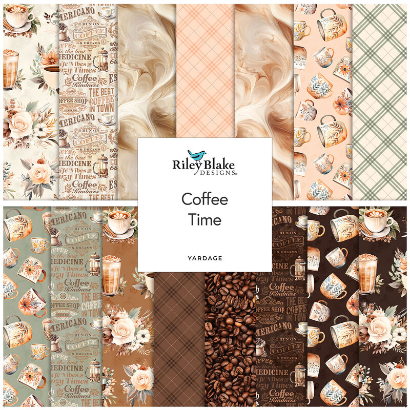 A collage of fabric patterns featuring coffee themes, flowers, and warm colors, titled Coffee Time.