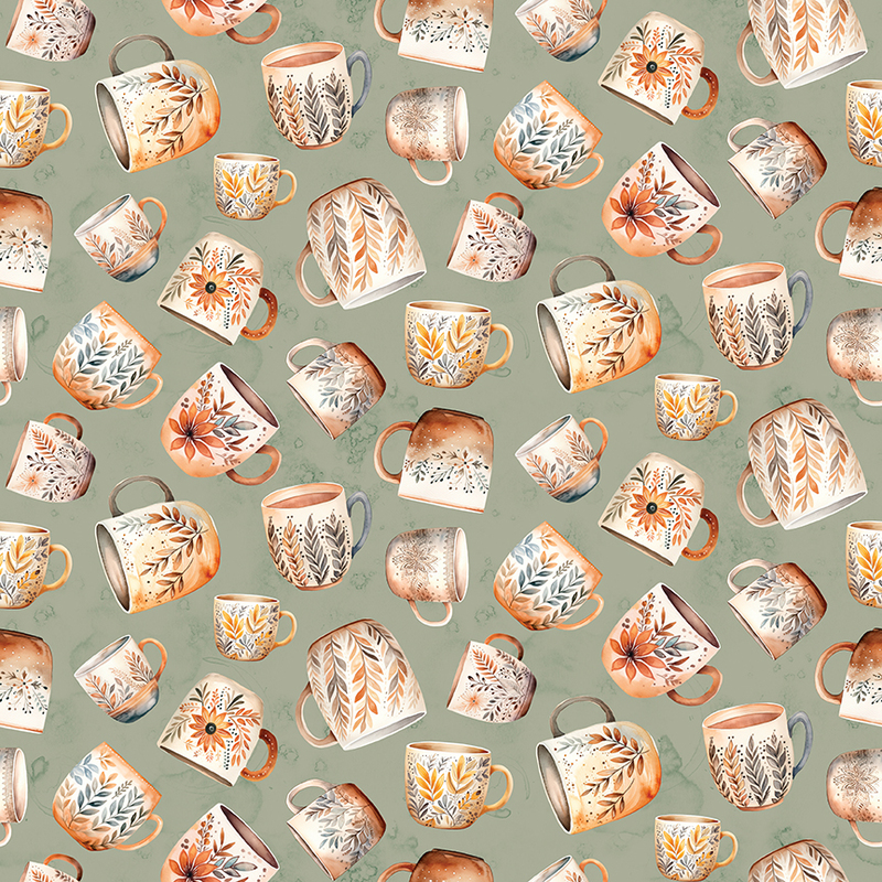 Repeating pattern of various decorative mugs on a soft green background.