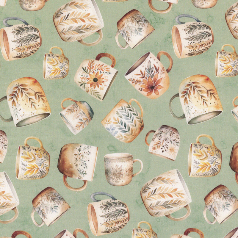 Repeating pattern of various decorative mugs on a soft green background.