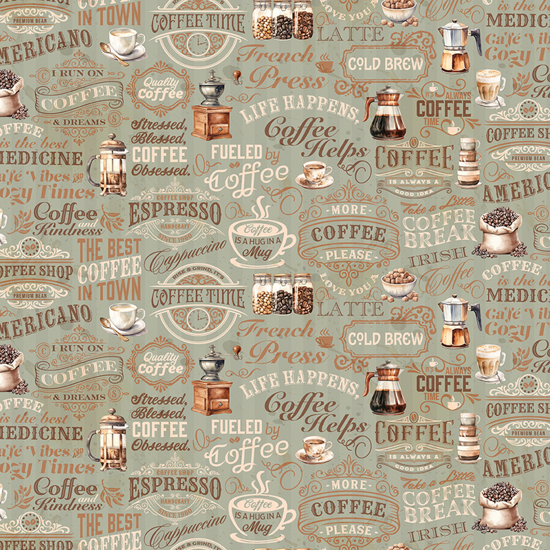 Patterned background featuring coffee-themed graphics and text, including cups, brewing methods, and quotes.