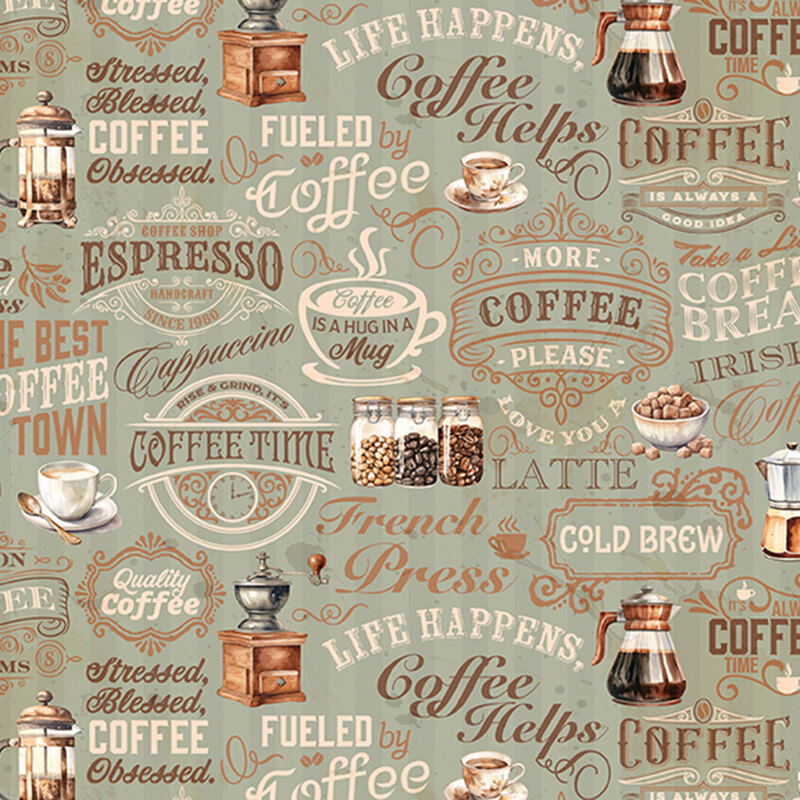Patterned background featuring coffee-themed graphics and text, including cups, brewing methods, and quotes.