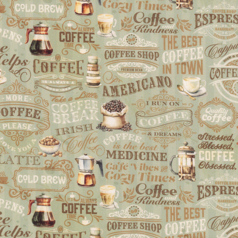 Patterned background featuring coffee-themed graphics and text, including cups, brewing methods, and quotes.