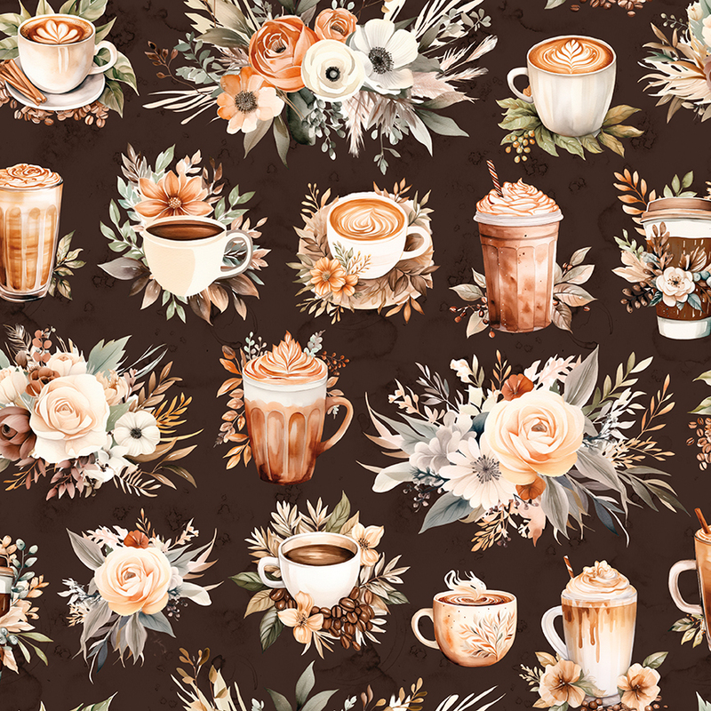 A floral-patterned background featuring various coffee cups and drinks with cream and roses.