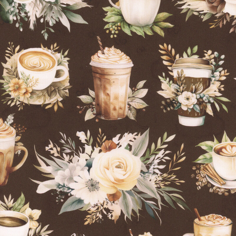 A floral-patterned background featuring various coffee cups and drinks with cream and roses.