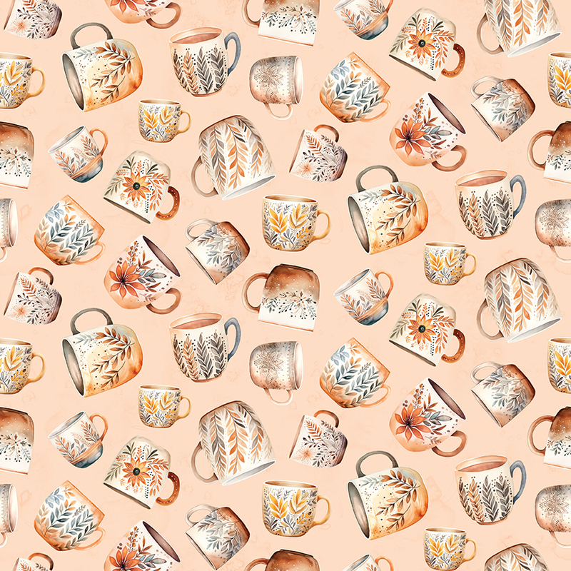 Pattern of various decorative mugs with floral designs on a soft peach background.
