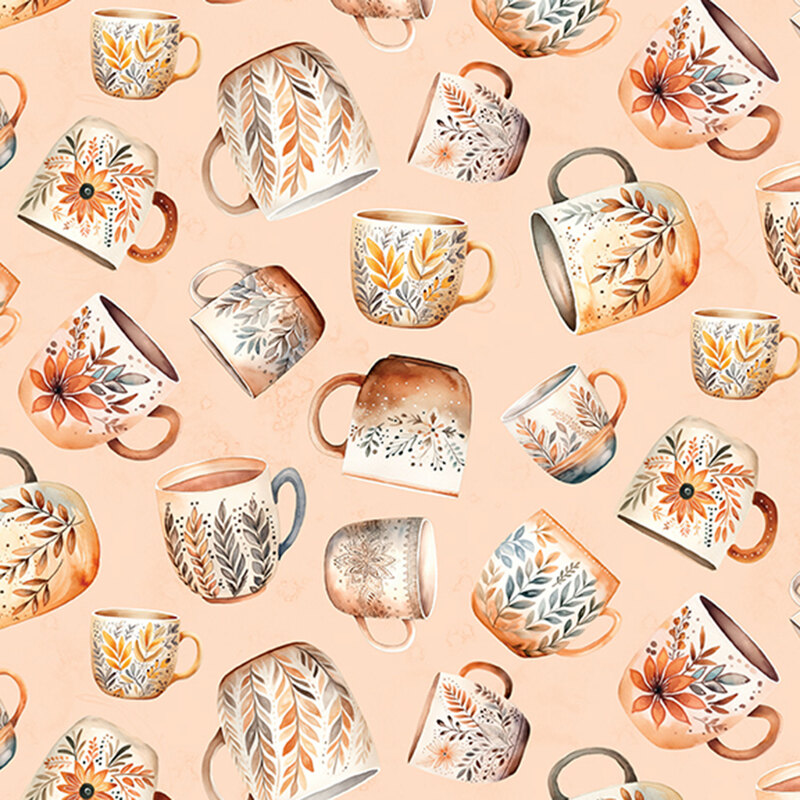 Pattern of various decorative mugs with floral designs on a soft peach background.