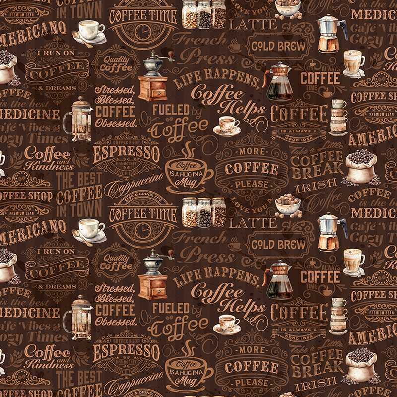 Pattern featuring coffee-related phrases and images, including cups, pots, and various coffee types.