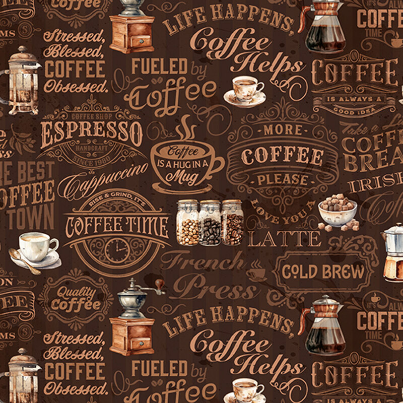 Pattern featuring coffee-related phrases and images, including cups, pots, and various coffee types.
