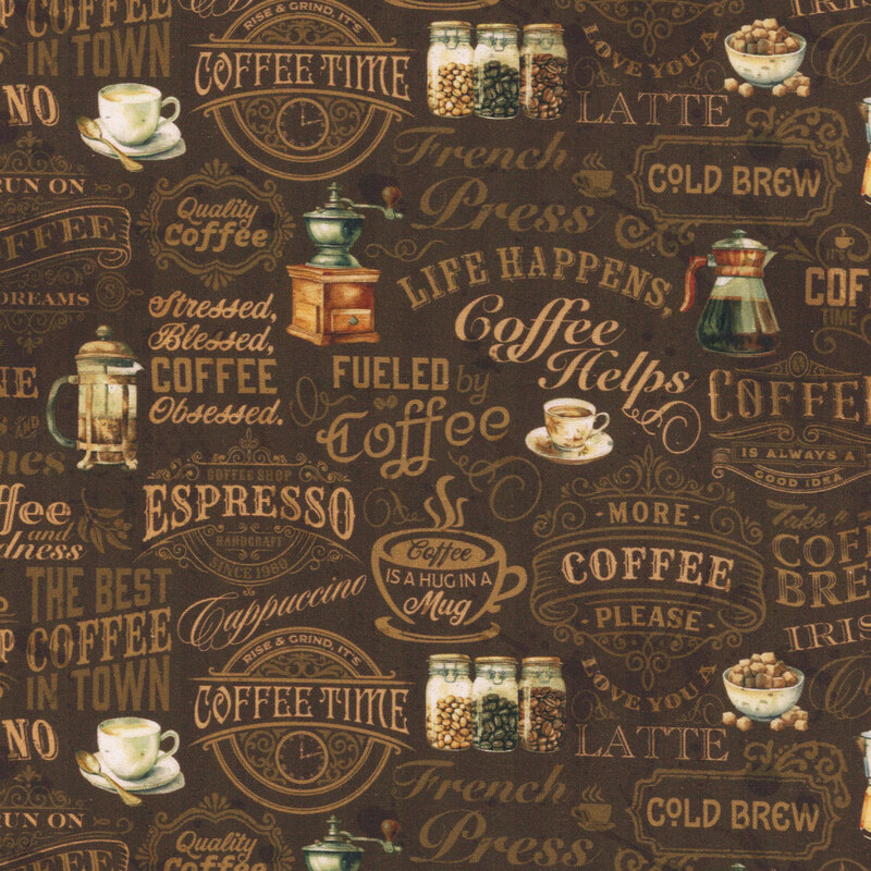 Pattern featuring coffee-related phrases and images, including cups, pots, and various coffee types.
