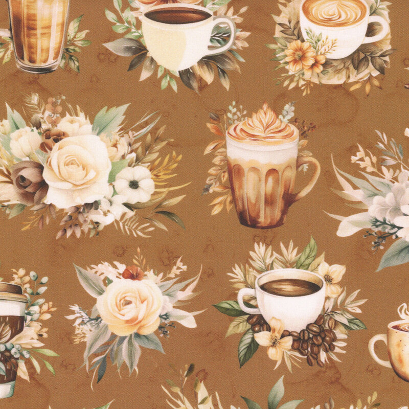 A pattern of coffee cups and floral arrangements in soft earthy tones against a brown background.