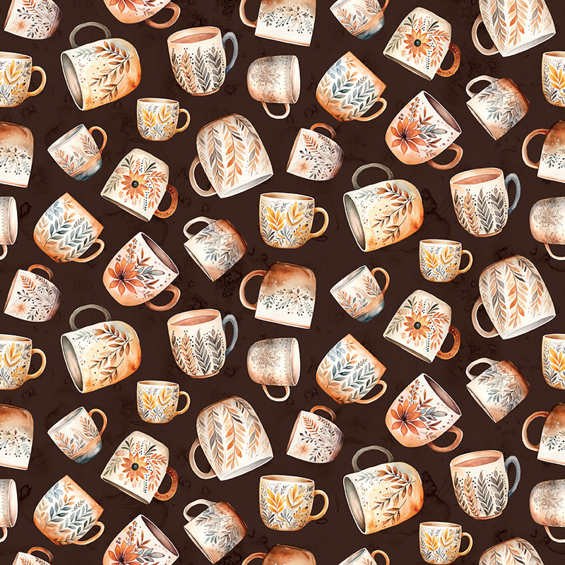 Pattern of various illustrated mugs on a dark brown background, featuring floral designs.