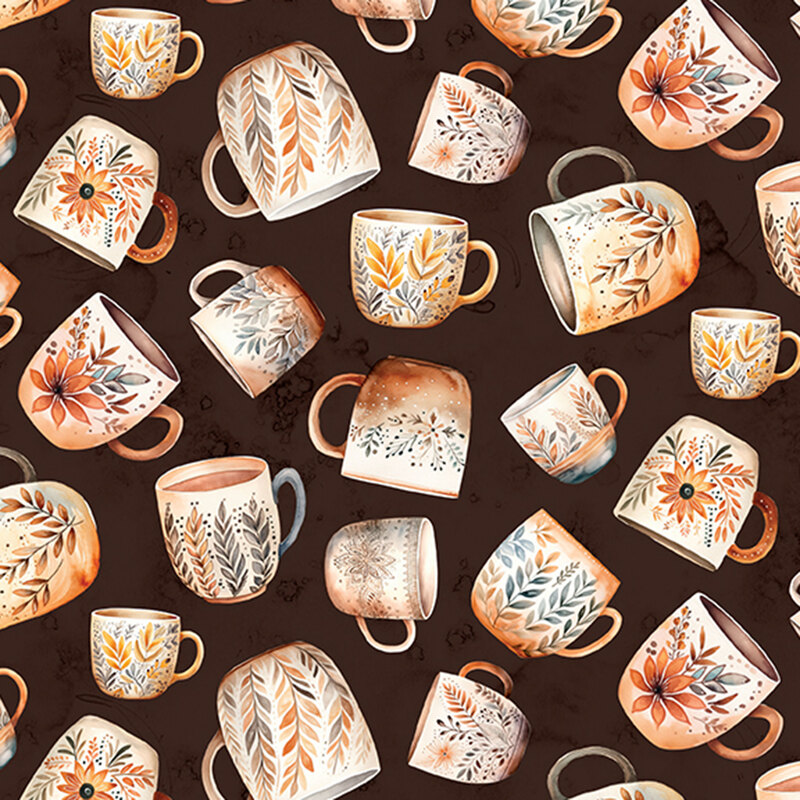 Pattern of various illustrated mugs on a dark brown background, featuring floral designs.